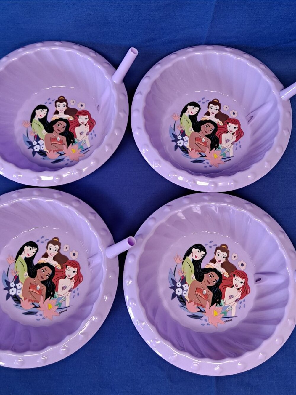 ZAK Lot 4 Disney PRINCESS Kids Cereal BOWLS Plastic Built-in STRAWS Purple